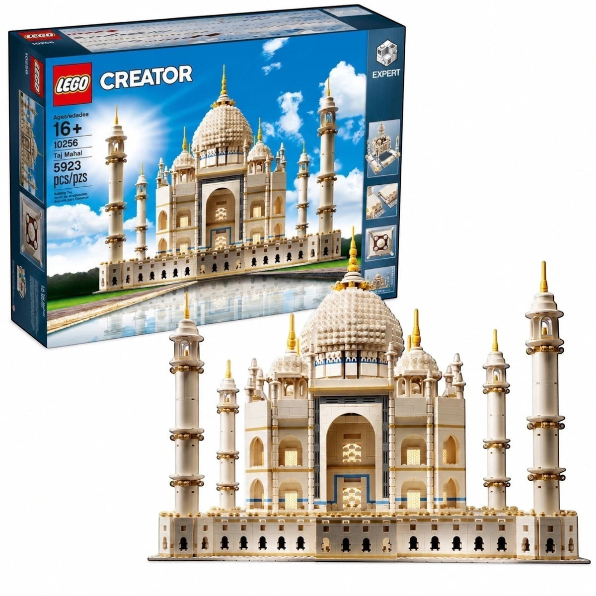 [box-set] LEGO Creator Expert Taj Mahal set shown with its retail box and the assembled model.