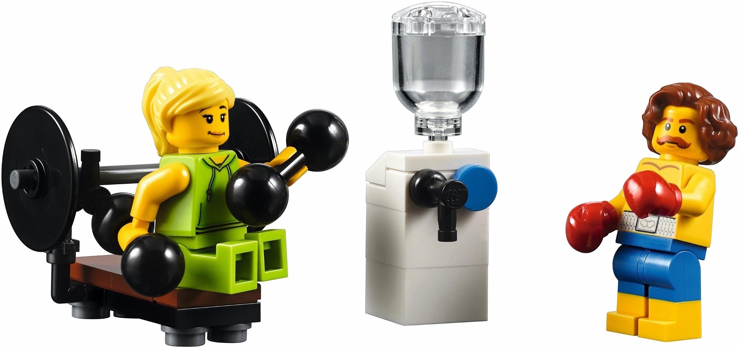 Two LEGO figures, one lifting weights and the other in boxing gloves, with a water cooler in the center.