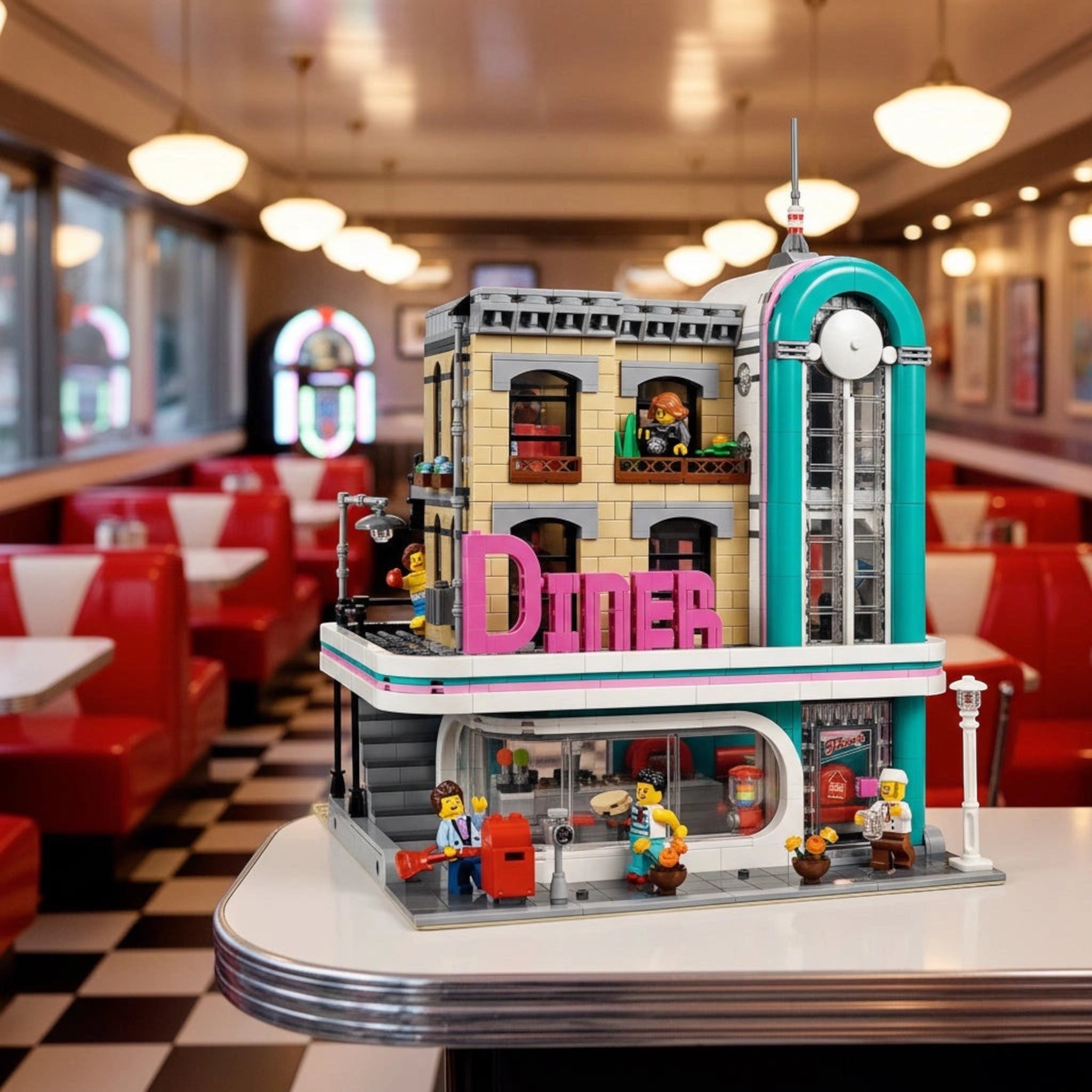 LEGO model of a diner set on a table with a retro restaurant interior background