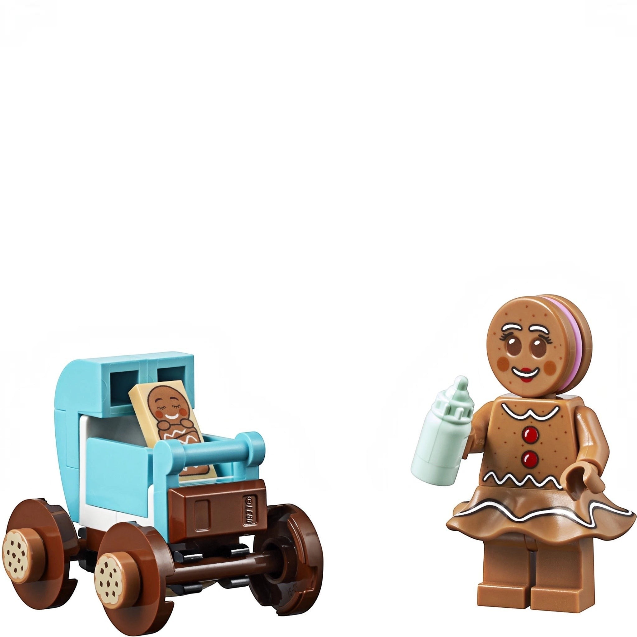 LEGO gingerbread man figure with a blue truck and bottle on a white background