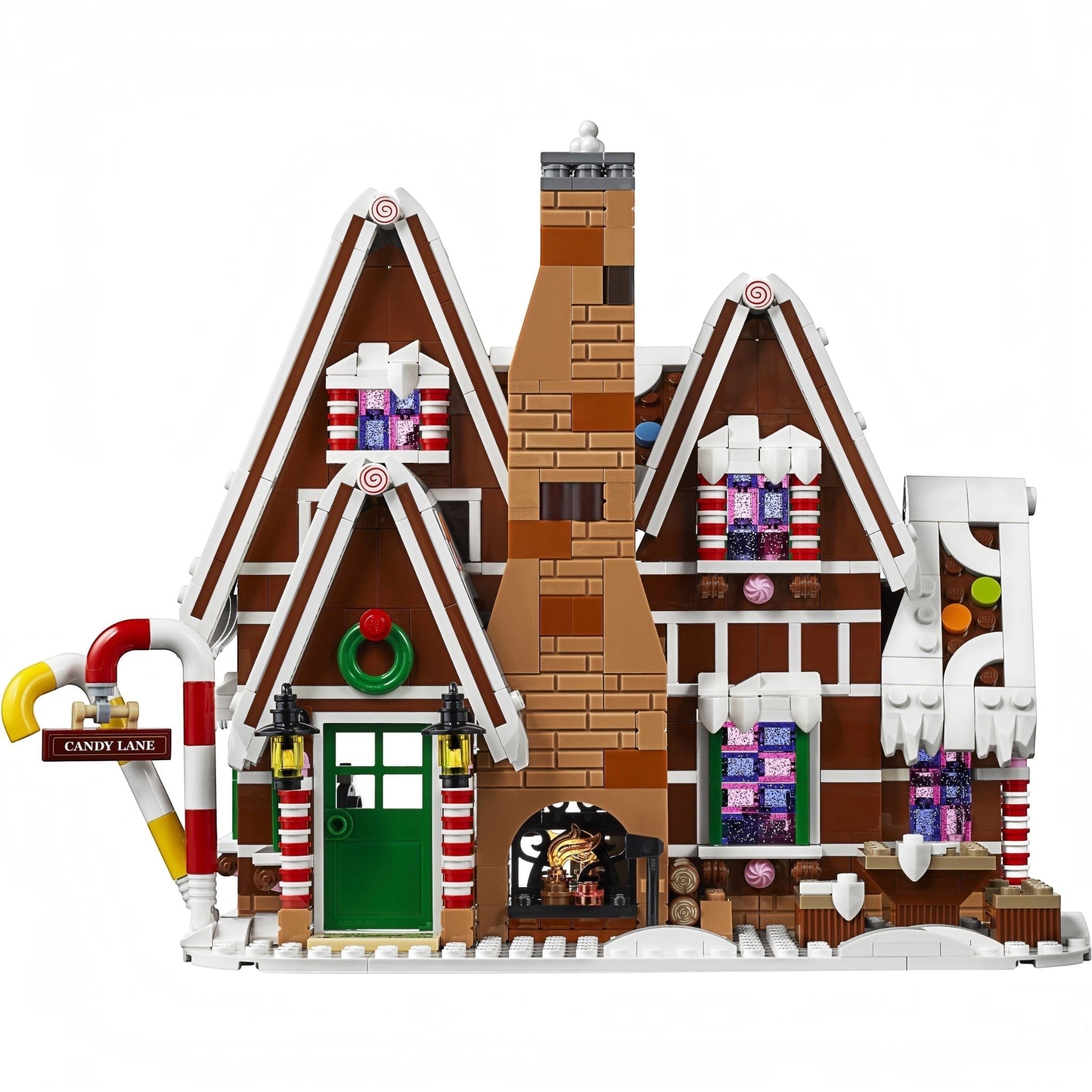 Legion gingerbread house model with candy cane street sign on a white background