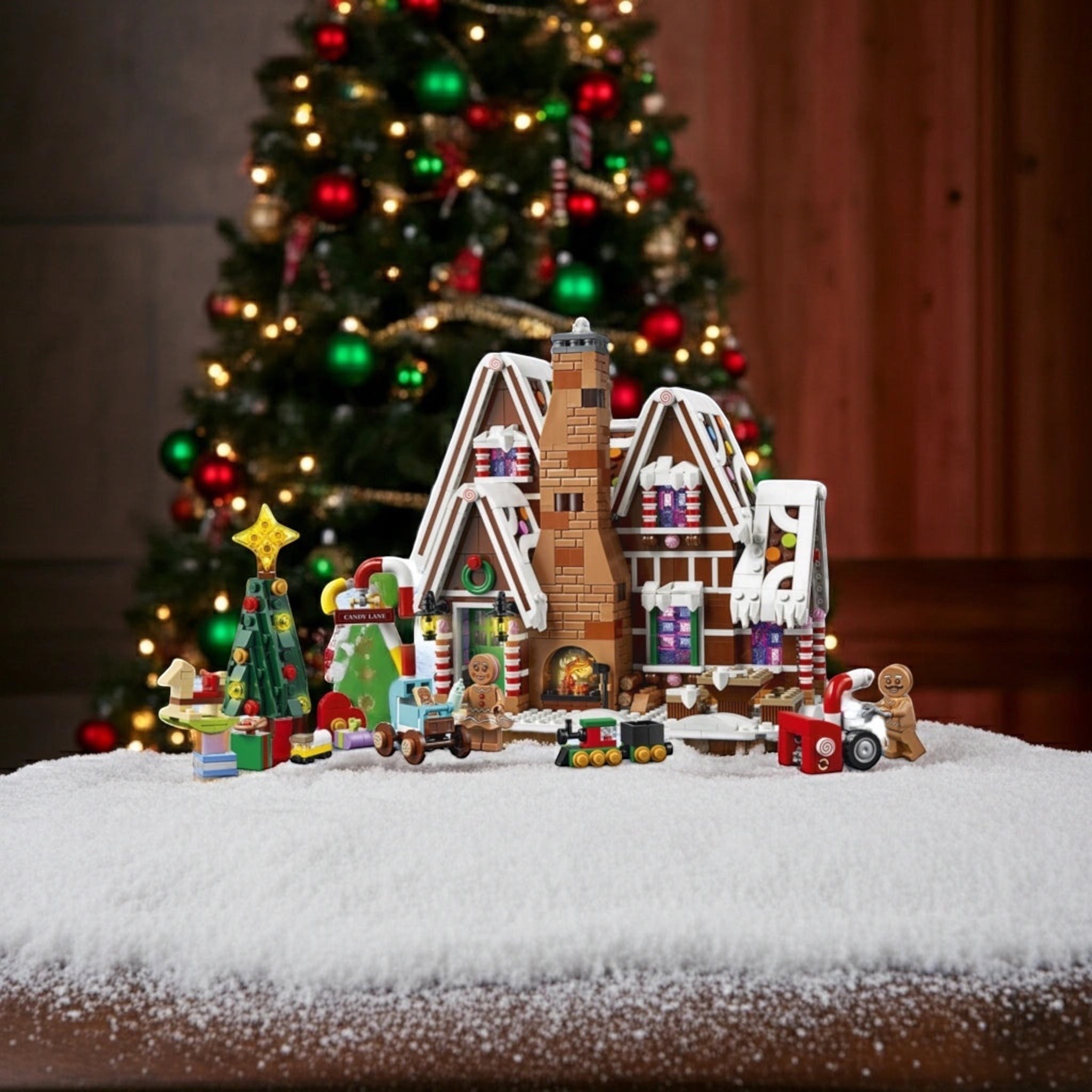 Gingerbread house with decorative elements on a snowy surface with a Christmas tree in the background.
