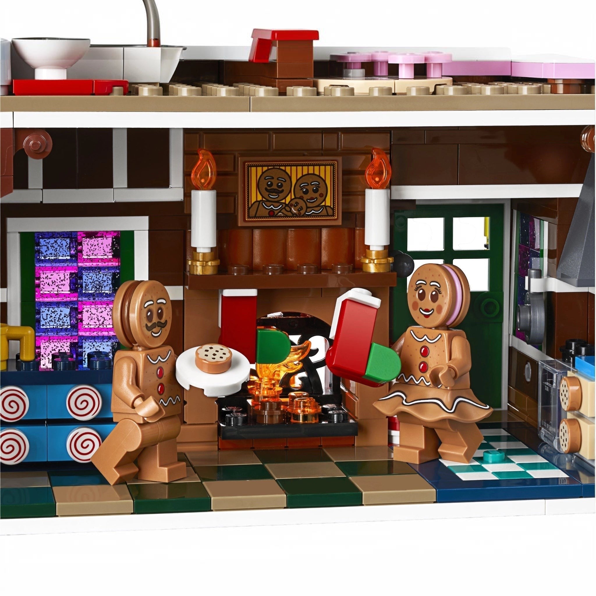 LEGO gingerbread men in a kitchen setting with a fireplace and checkered floor.