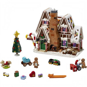 LEGO gingerbread house set with various gingerbread people and accessories on a white background