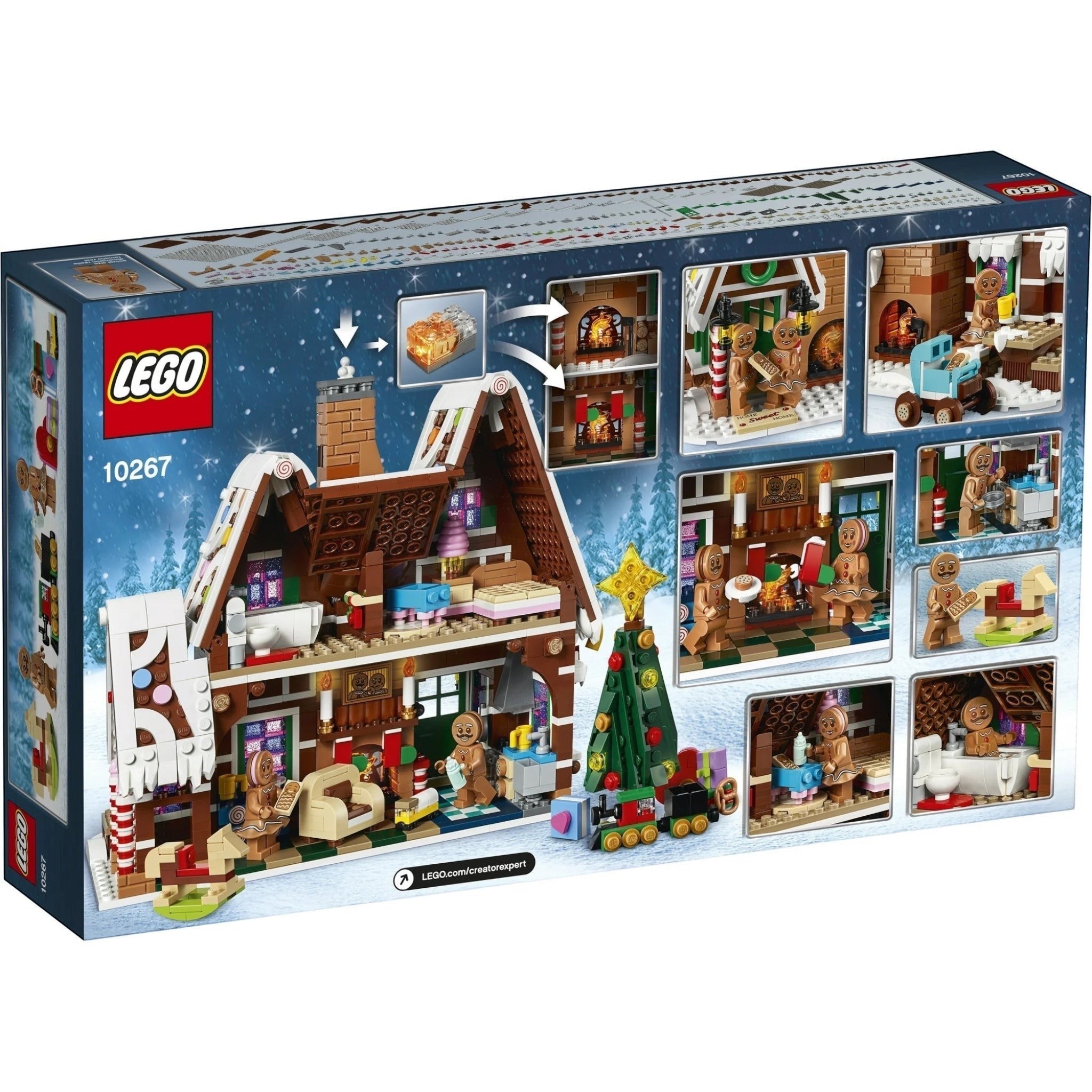 LEGO Gingerbread House set packaging with various gingerbread figures and decorations.