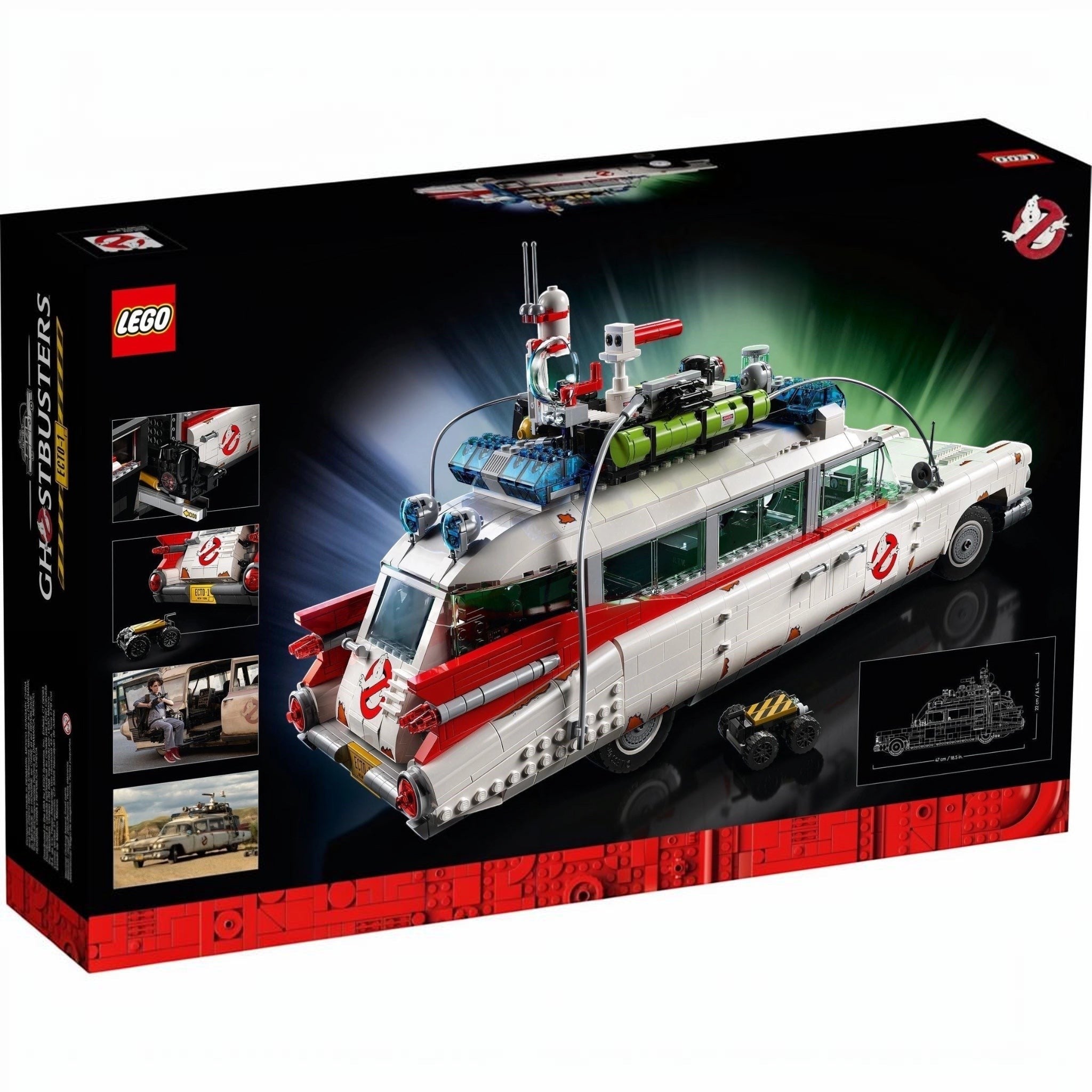 LEGO Ghostbusters Ecto-1 set packaging with toy vehicle and character figures.