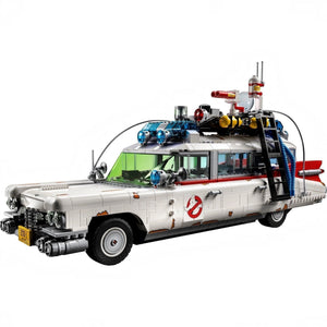 [built-white] LEGO model of a Ghostbusters Ecto-1 vehicle on a white background