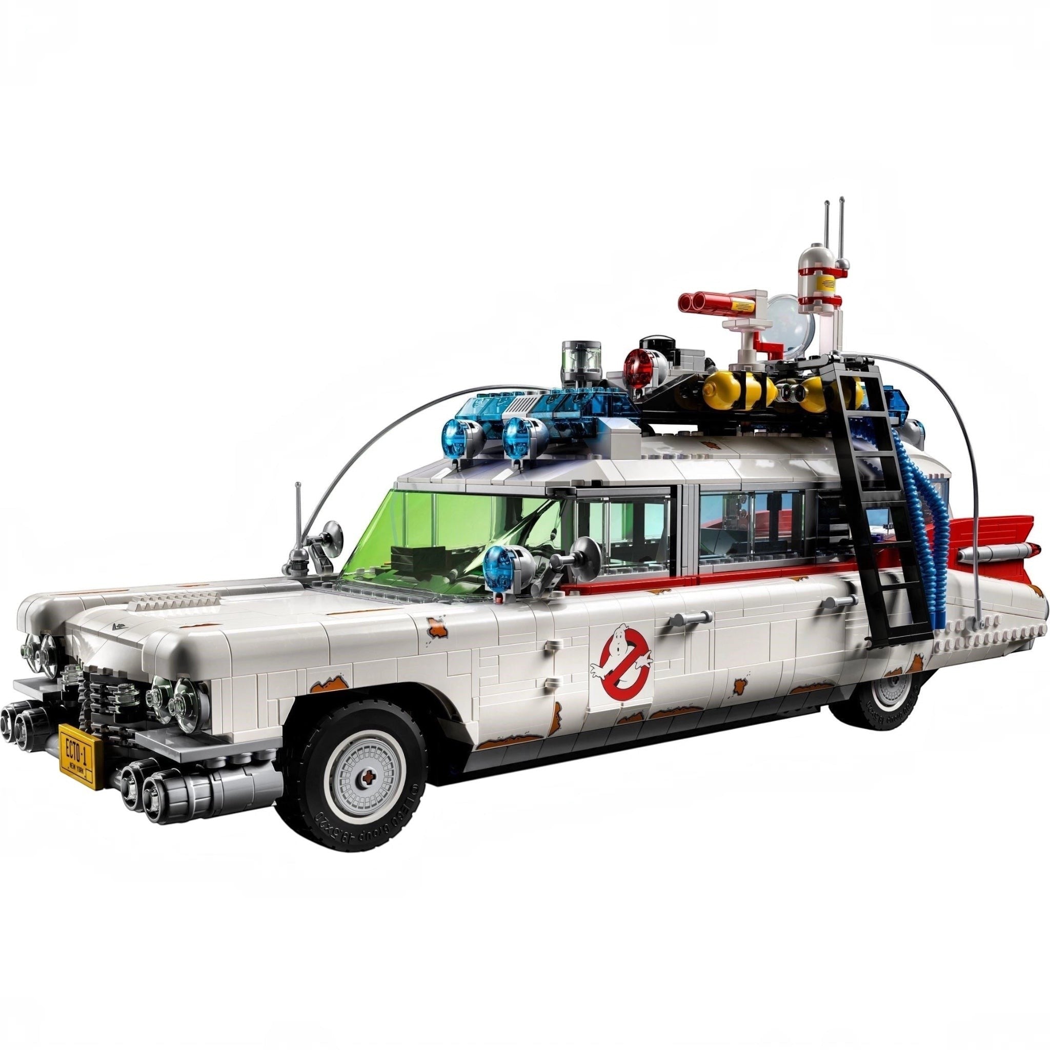 LEGO model of a Ghostbusters Ecto-1 vehicle on a white background