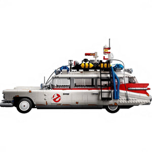 [built-white] LEGO model of the Ghostbusters Ecto-1 vehicle on a white background