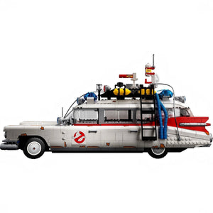 LEGO model of the Ghostbusters Ecto-1 vehicle on a white background