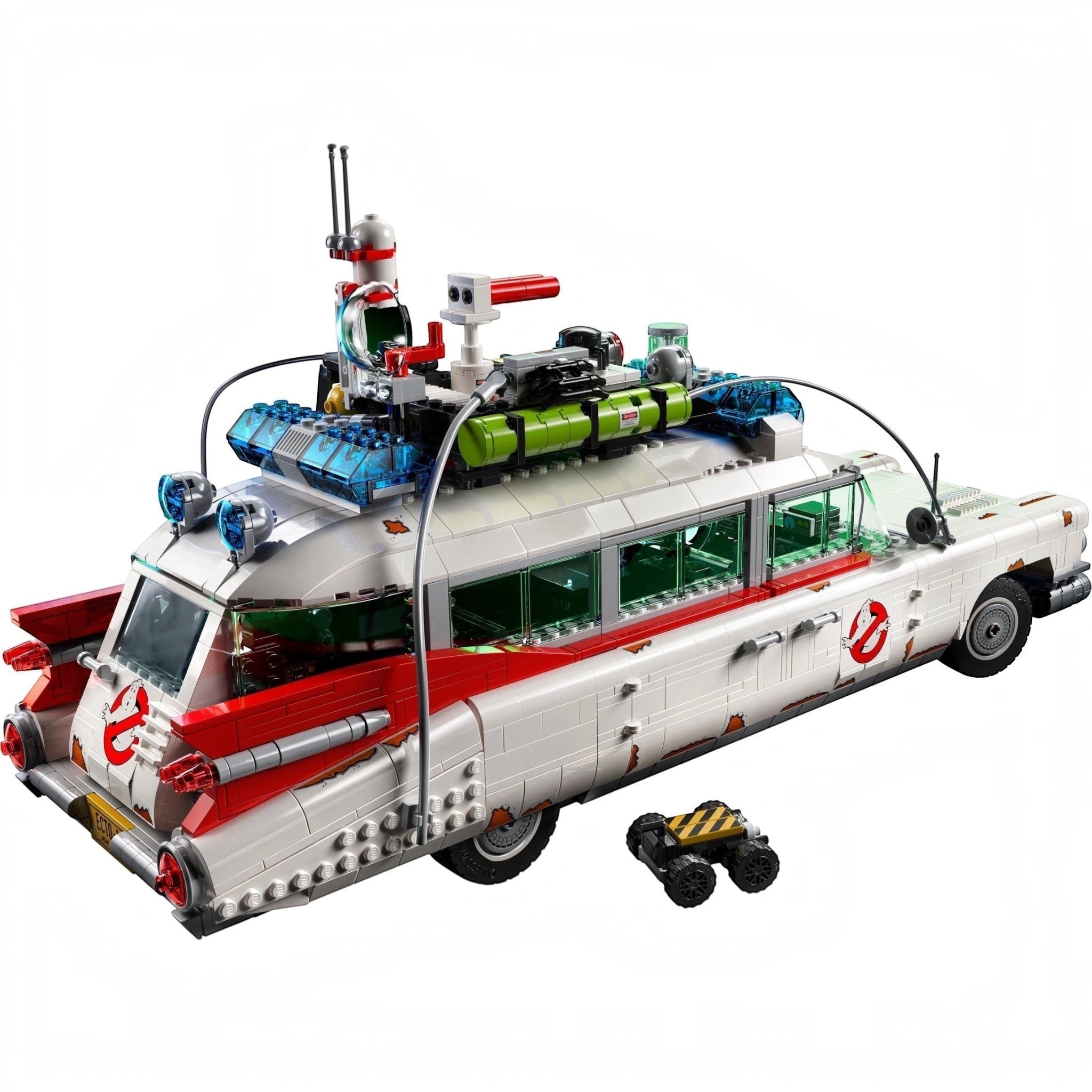 LEGO model of a vehicle resembling the Ecto-1 from 'Ghostbusters' on a white background