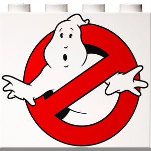 Ghostbusters logo with a ghost character on a white background