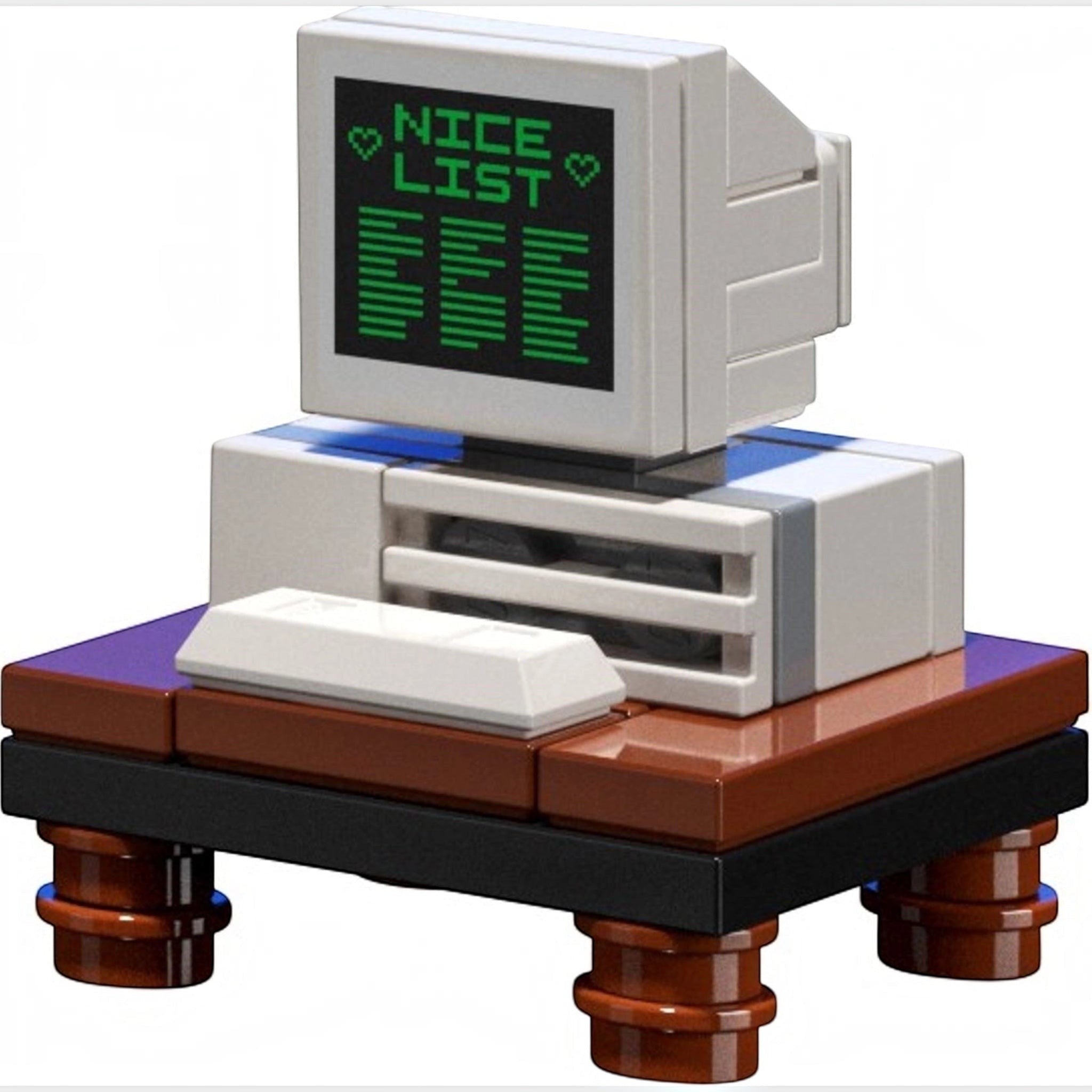 Toy computer model with a screen displaying 'NICE LIST' on a white background