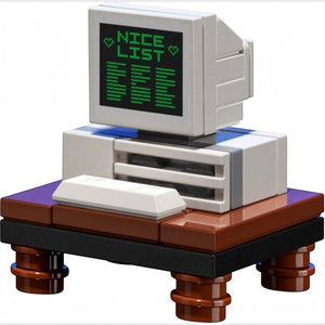Toy computer model with a screen displaying 'NICE LIST' on a white background