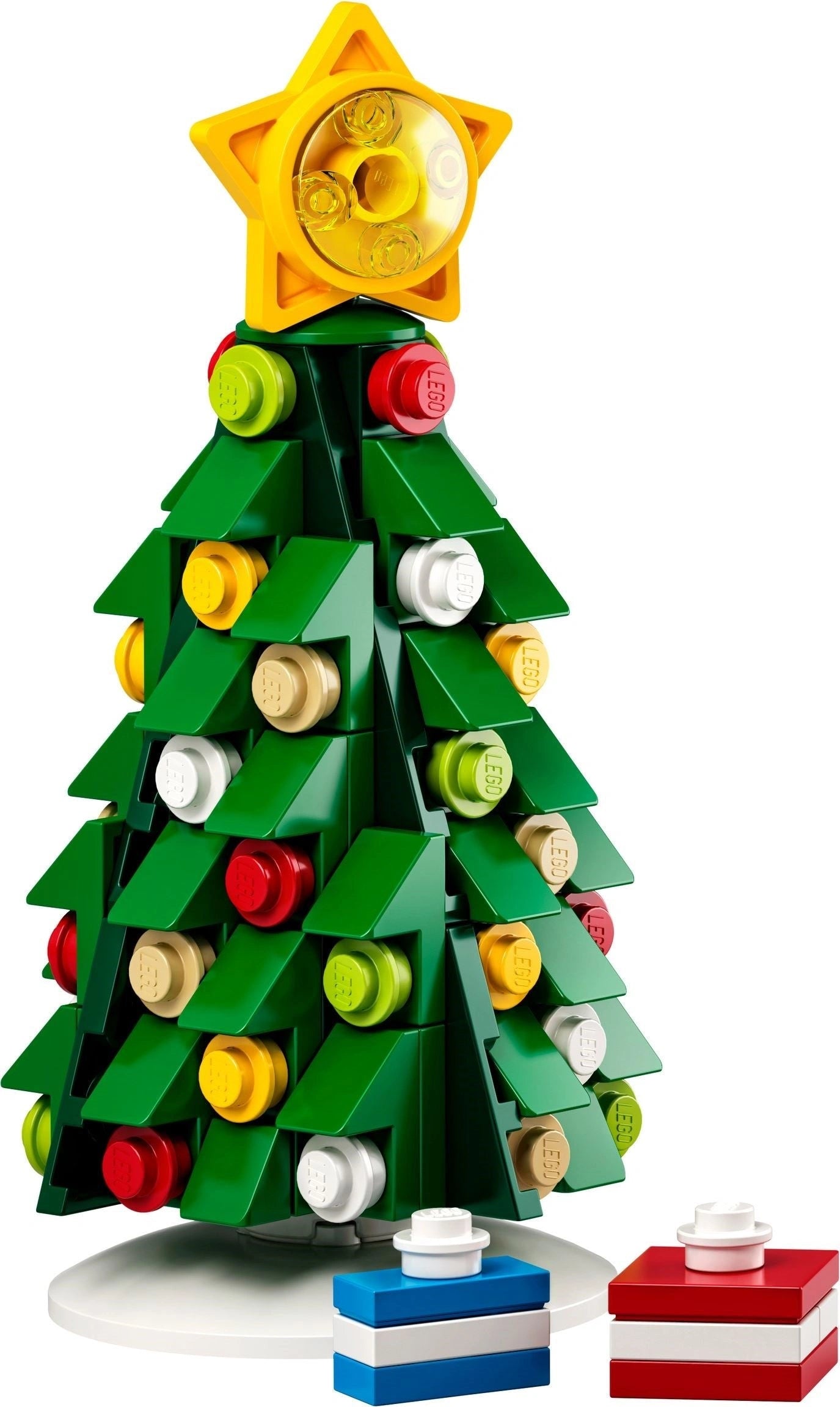 LEGO Christmas tree with colorful decorations on a white background