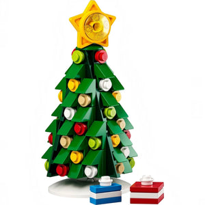LEGO Christmas tree with colorful decorations on a white background