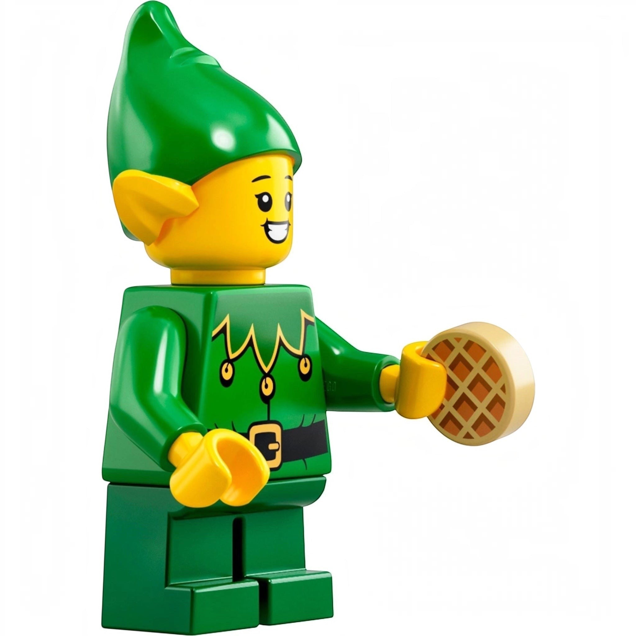 LEGO minifigure of an elf holding a waffle on a white background
