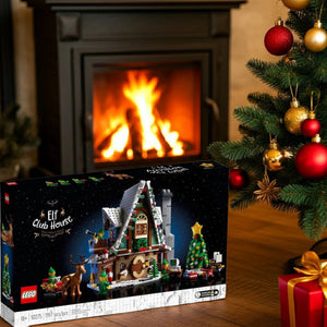 LEGO Elf Club House set packaging in front of a fireplace and Christmas tree.