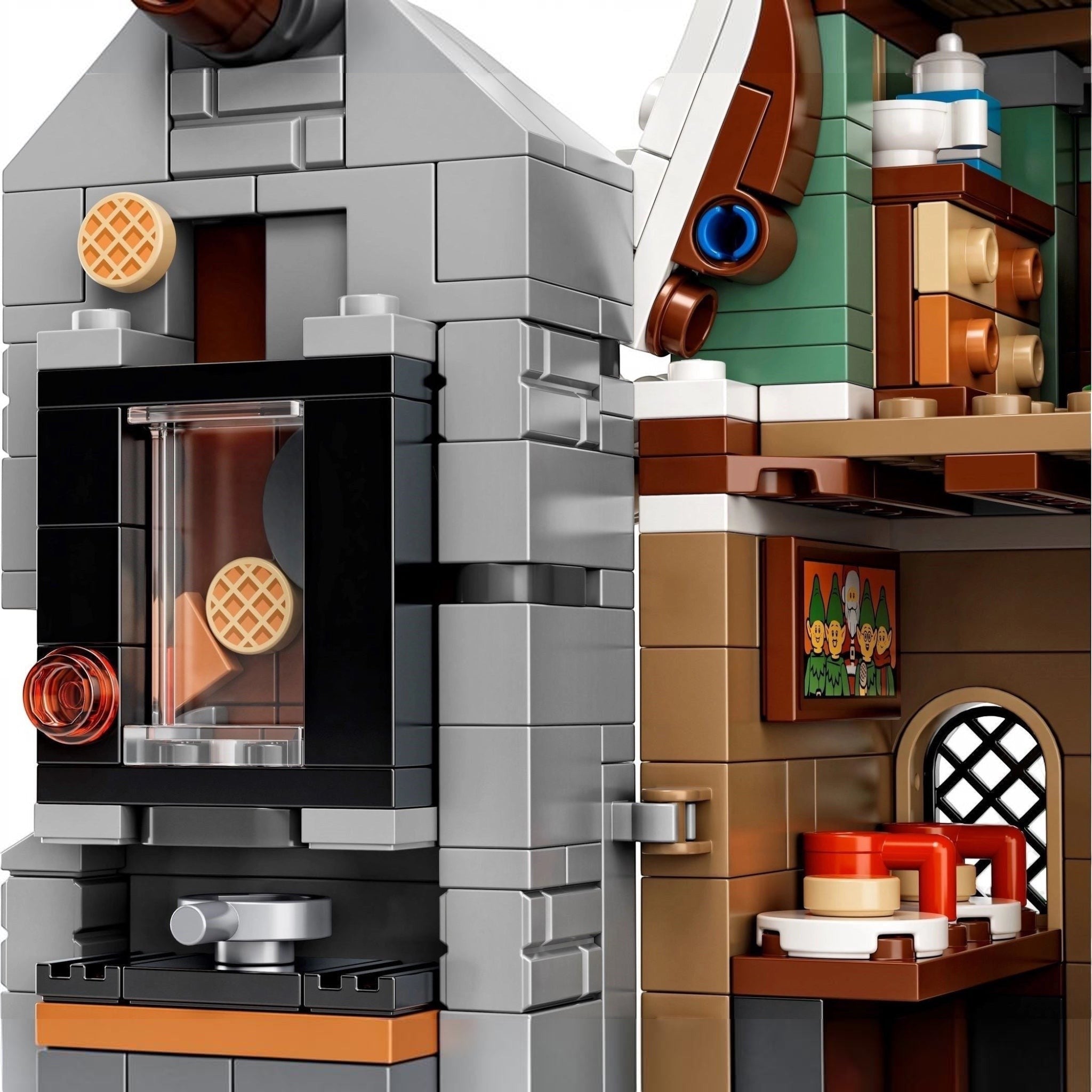 LEGO model of a coffee shop with a waffle and coffee setup.