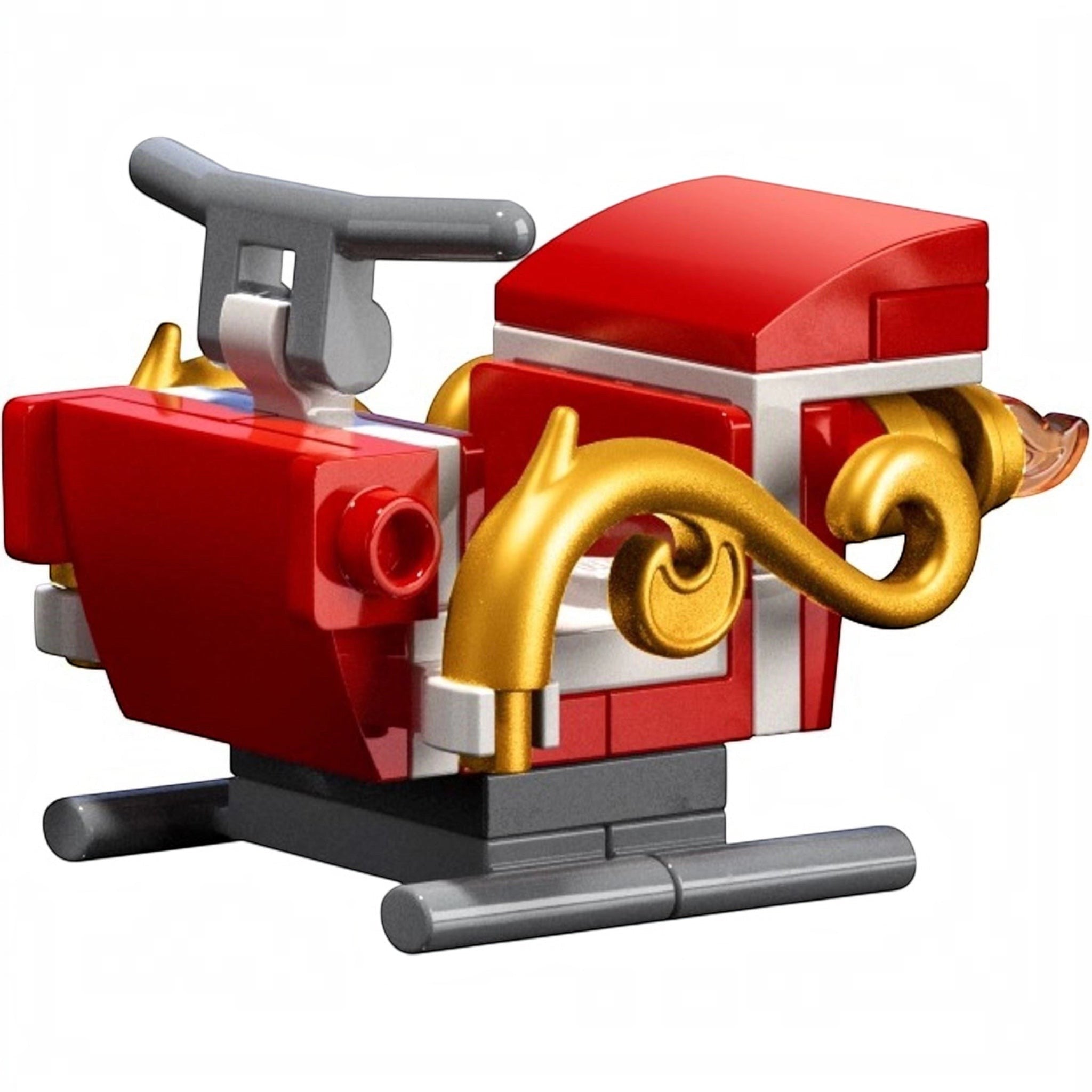 Toy vehicle with red, gold, and gray colors on a white background