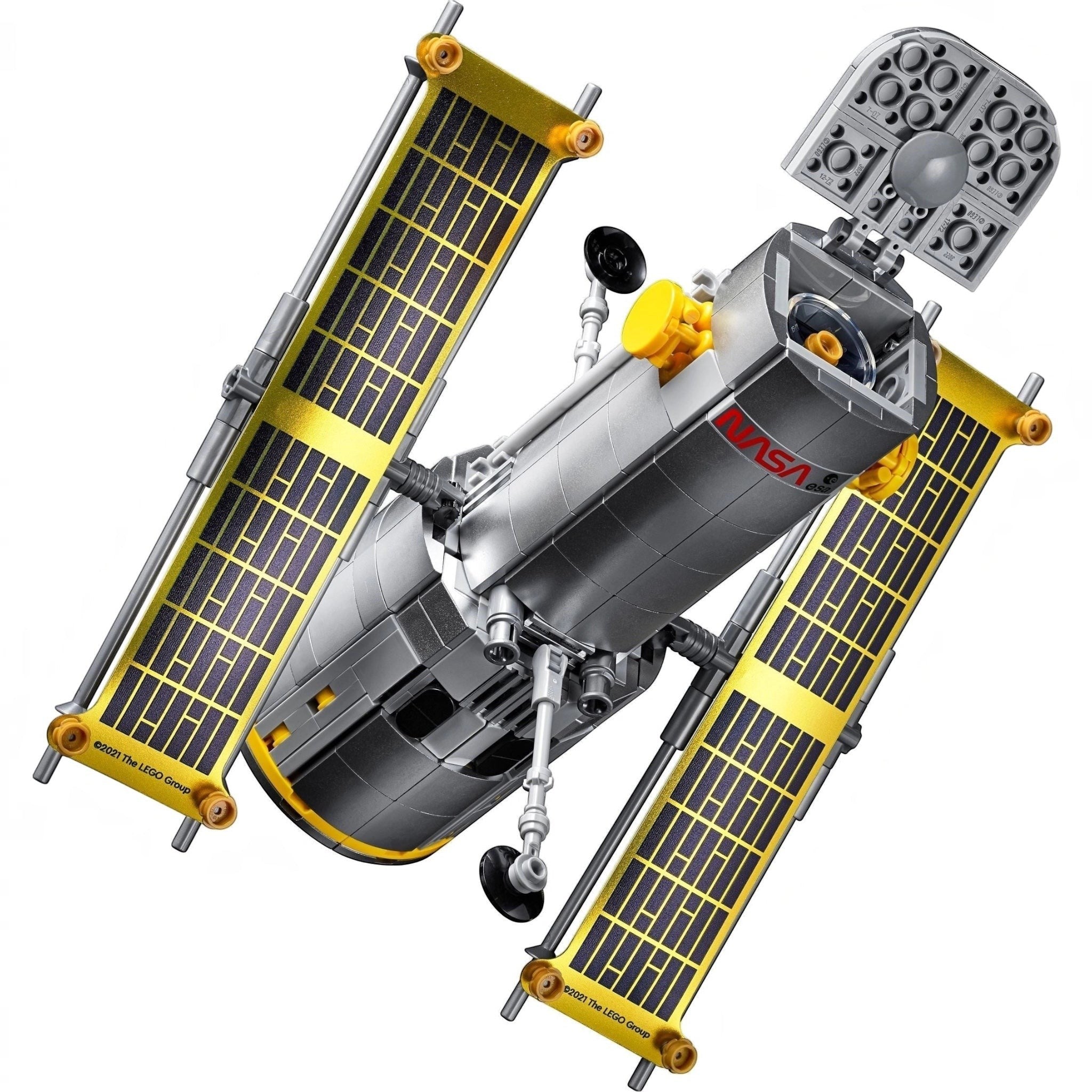 Model of a satellite with solar panels and NASA logo on a white background