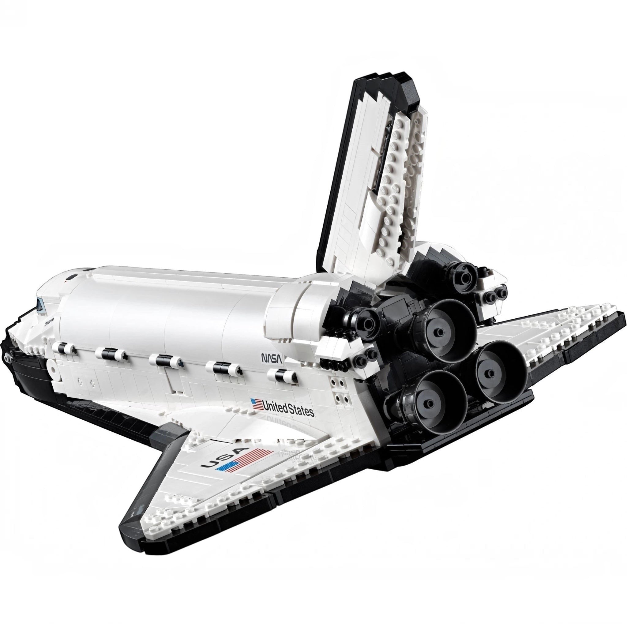 LEGO model of a space shuttle on a white background
