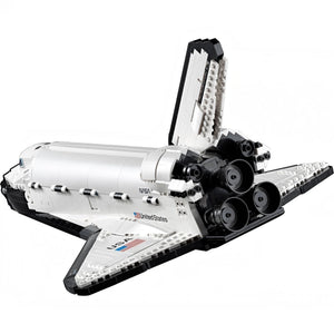 LEGO model of a space shuttle on a white background