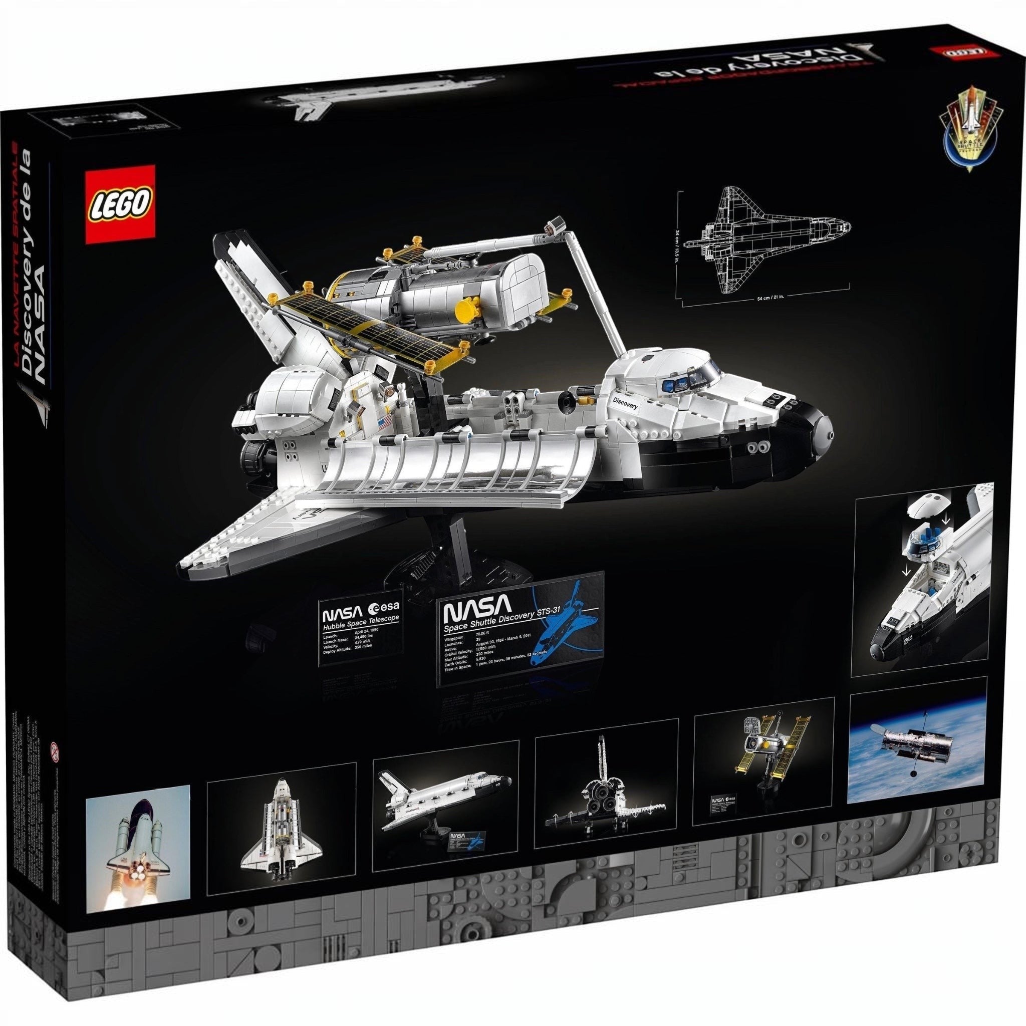 LEGO NASA space shuttle set packaging with multiple views and NASA branding.