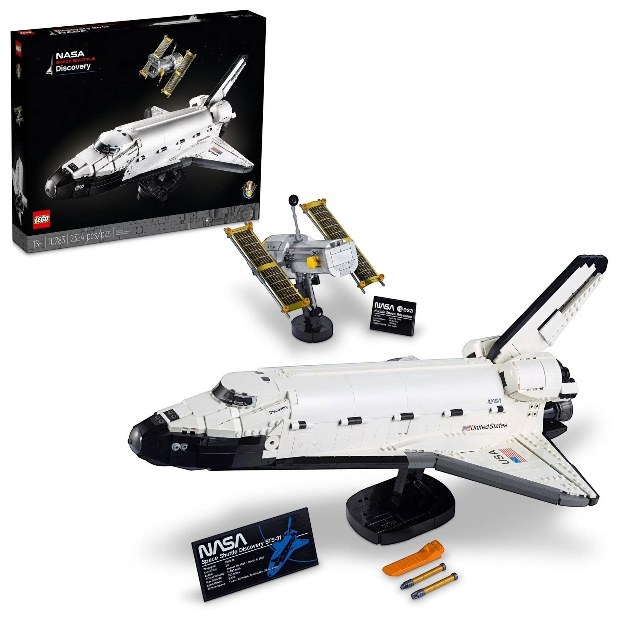 LEGO NASA space shuttle set with packaging and components on a white background