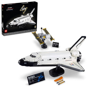 LEGO NASA space shuttle set with packaging and components on a white background
