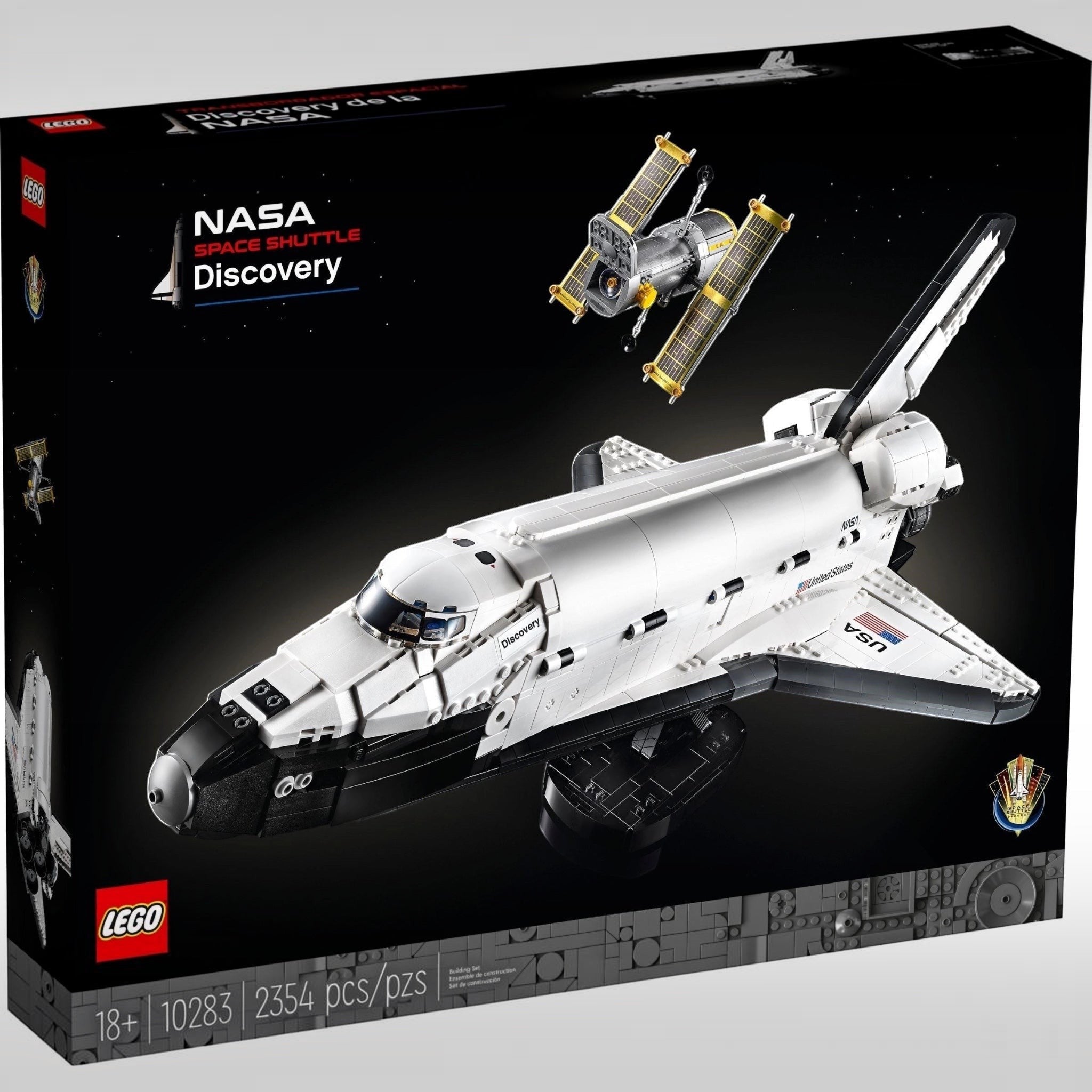LEGO NASA Space Shuttle Discovery set packaging on a black background