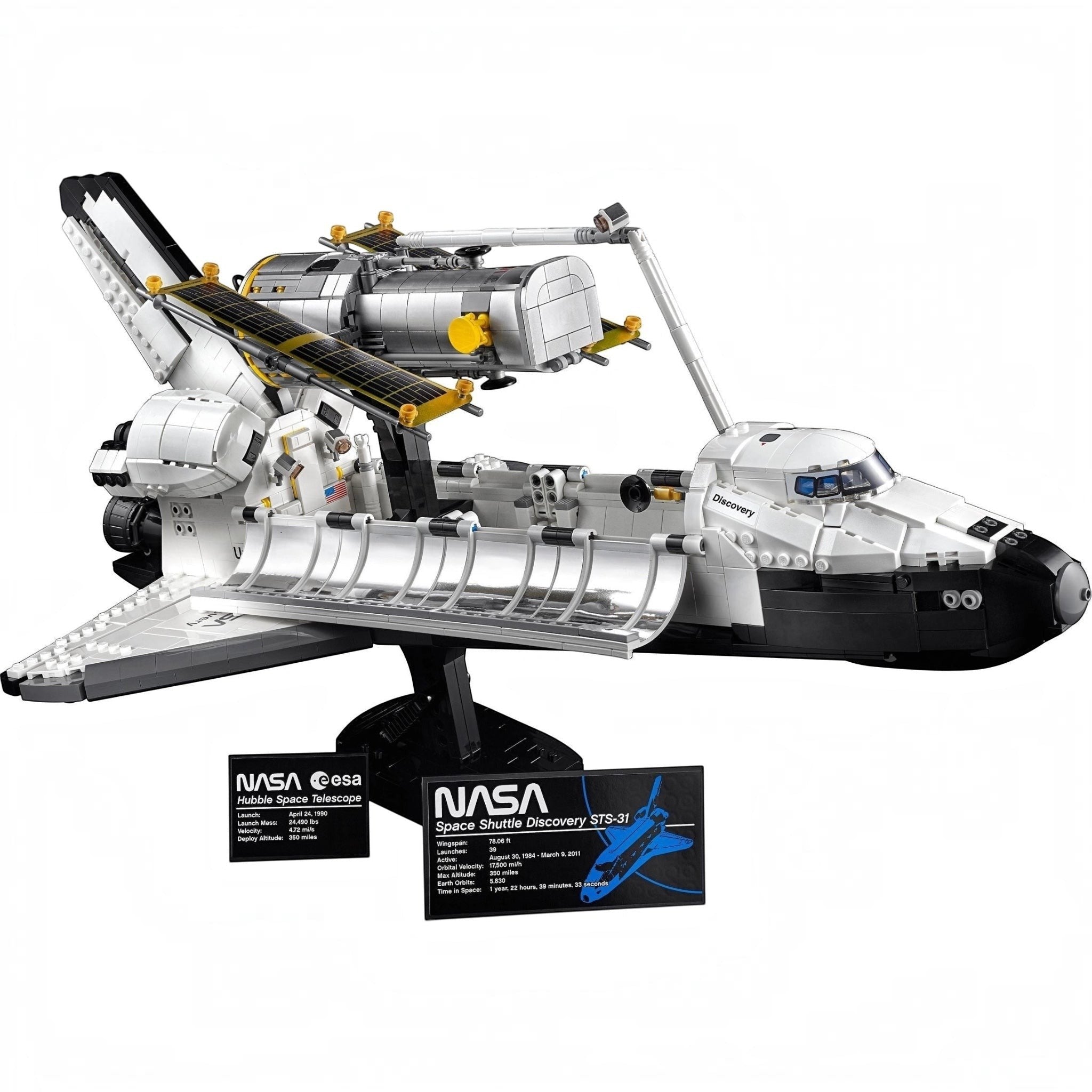 Model of a space shuttle on a stand with NASA branding