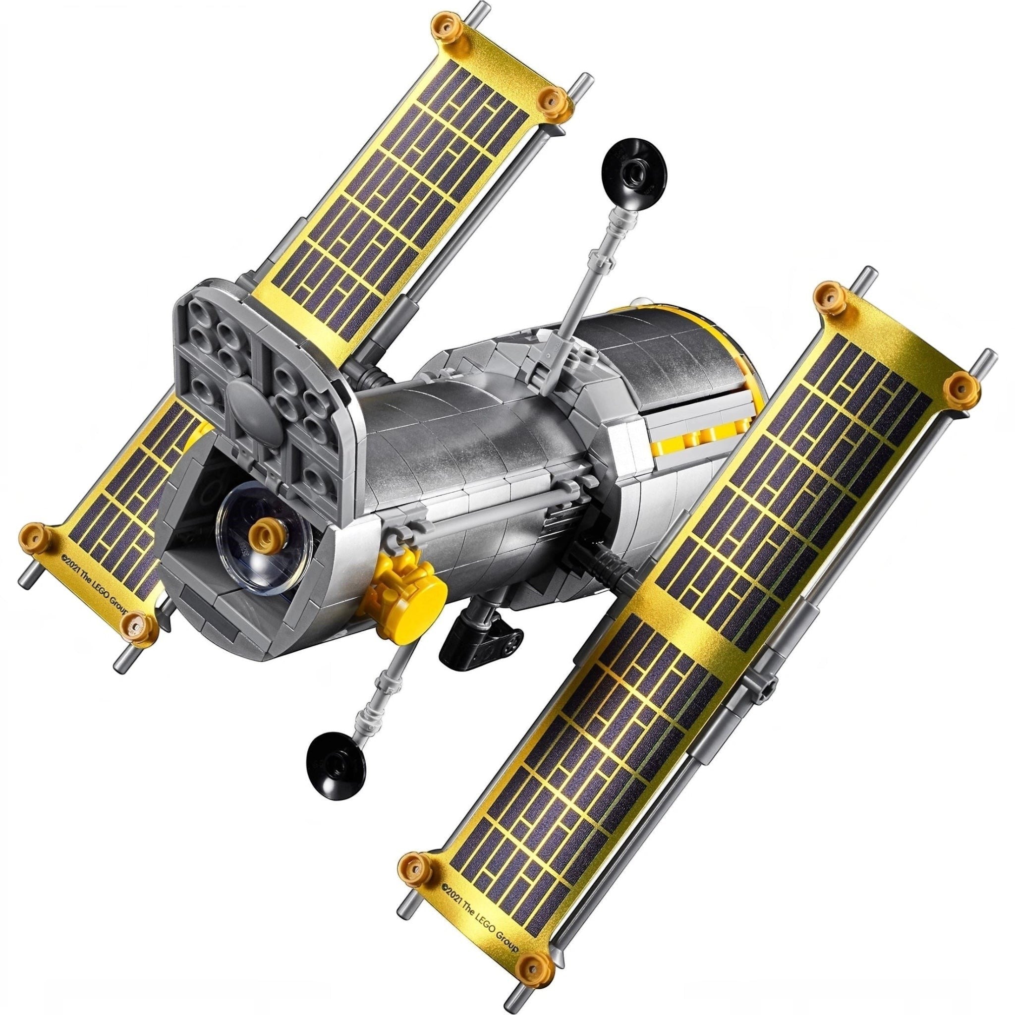 Model of a satellite with solar panels on a white background