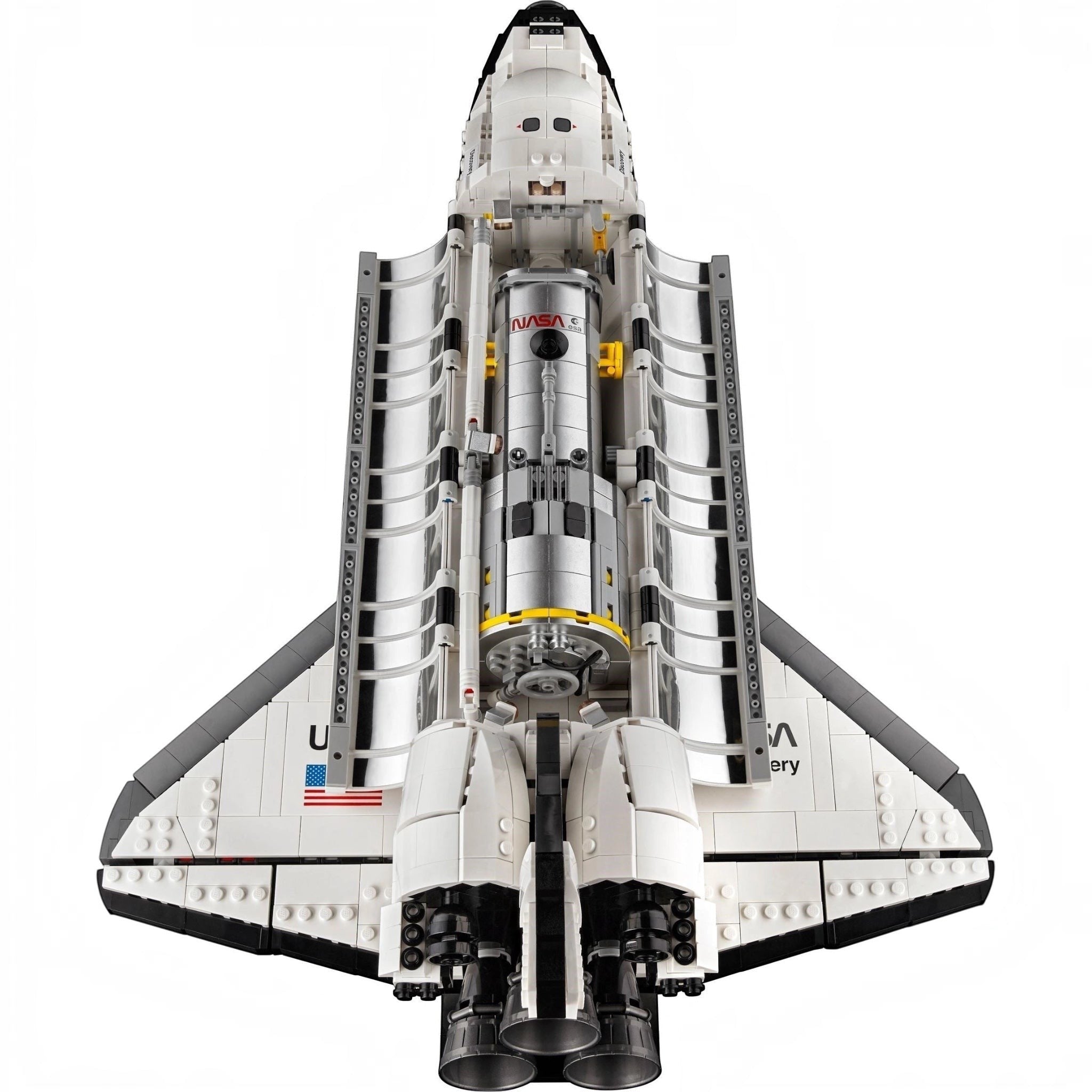 Model of a space shuttle made from interlocking bricks on a white background