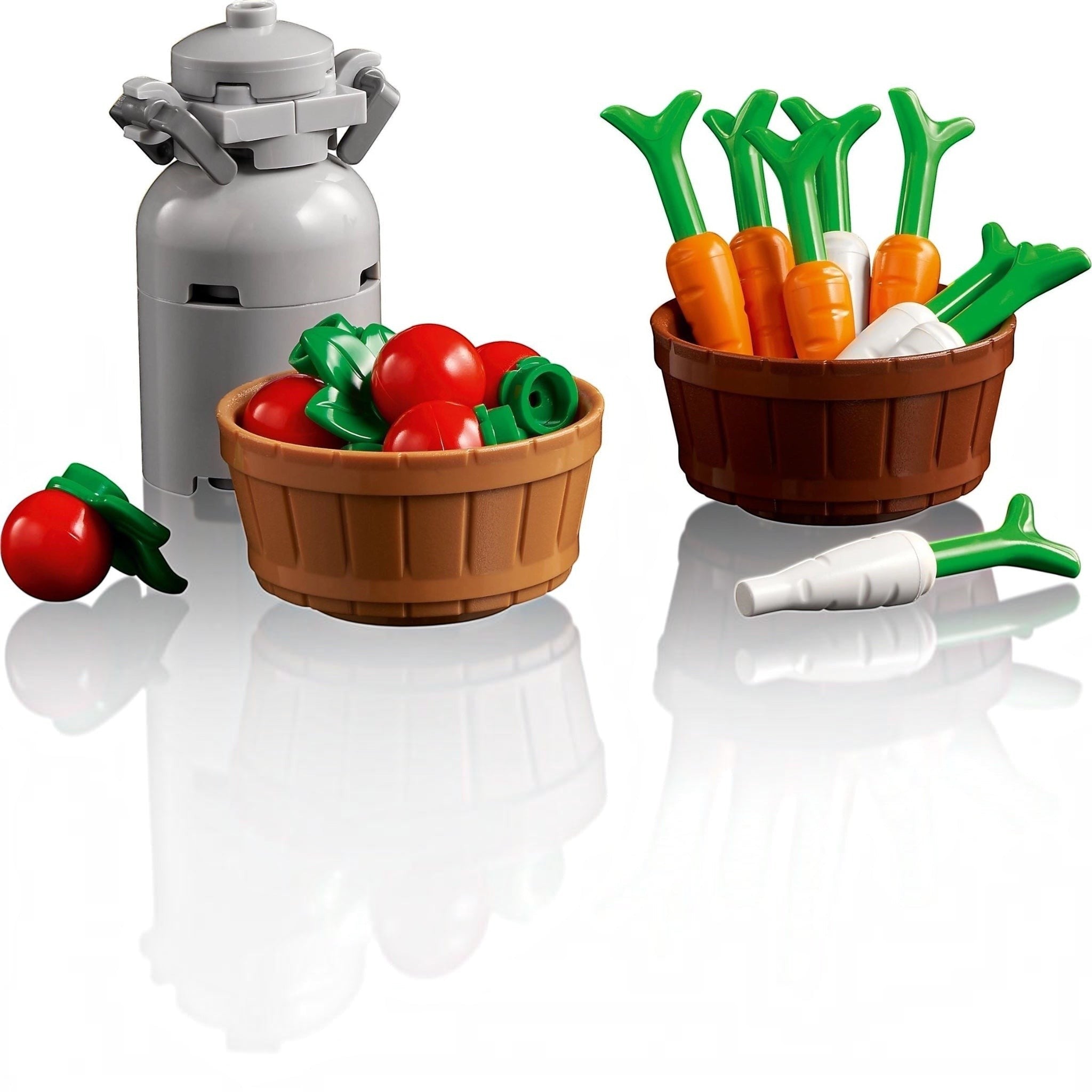 Toy vegetables and a water cooler on a white background