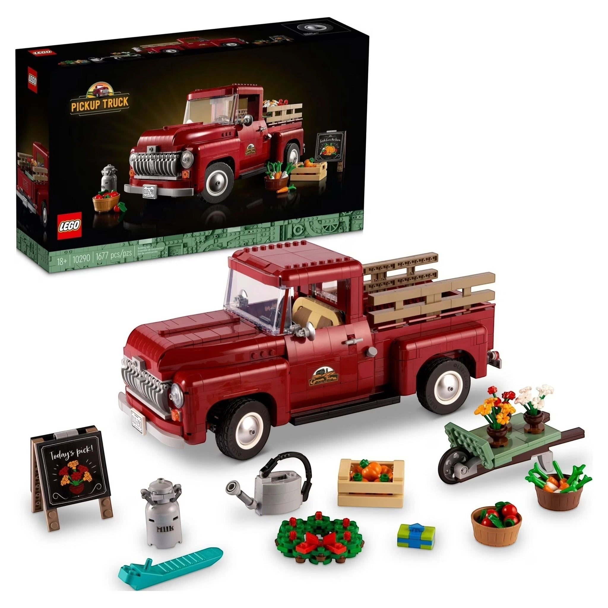 LEGO pickup truck set with packaging and accessories on a white background