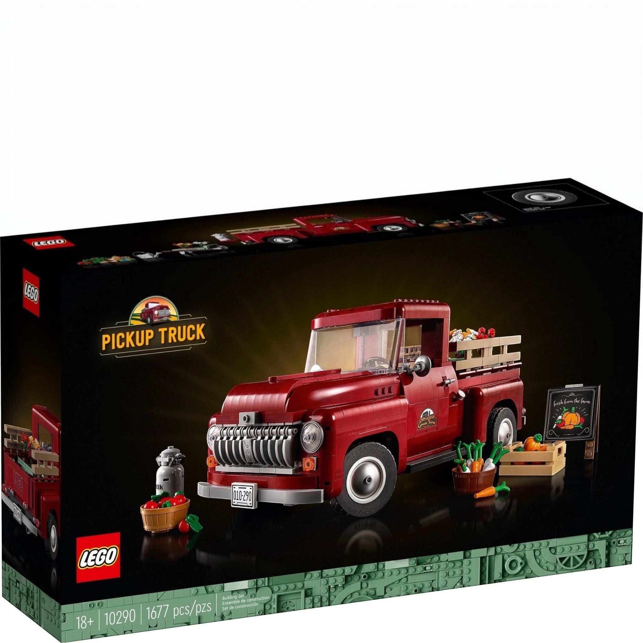 LEGO pickup truck set packaging with red truck and accessories on a dark background