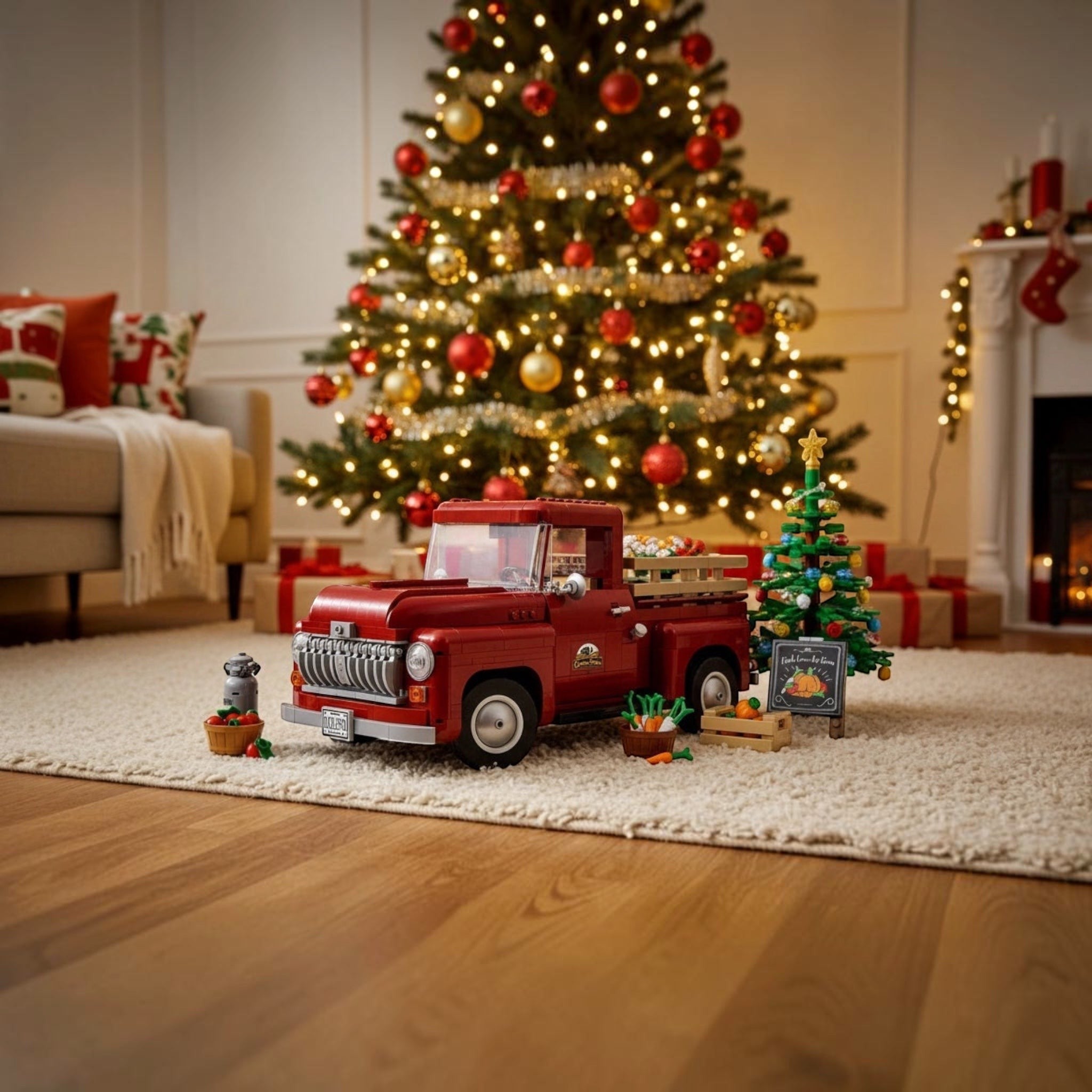 Red toy truck in a living room with a decorated Christmas tree and presents.