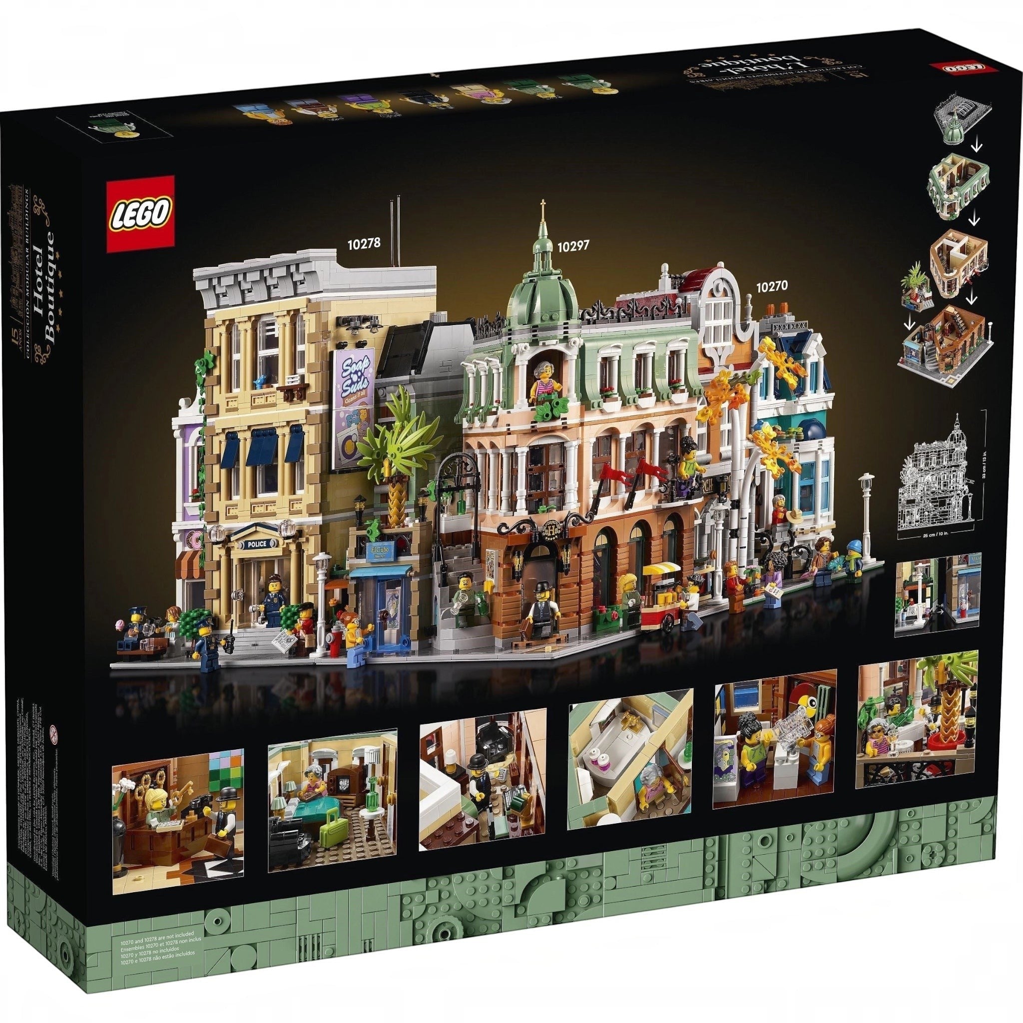 LEGO building set packaging with detailed model and minifigures on a black background