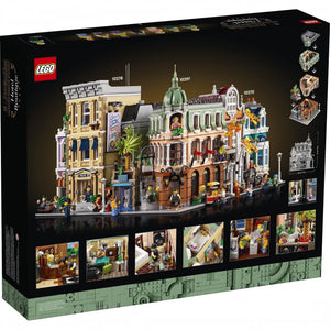 LEGO building set packaging with detailed model and minifigures on a black background
