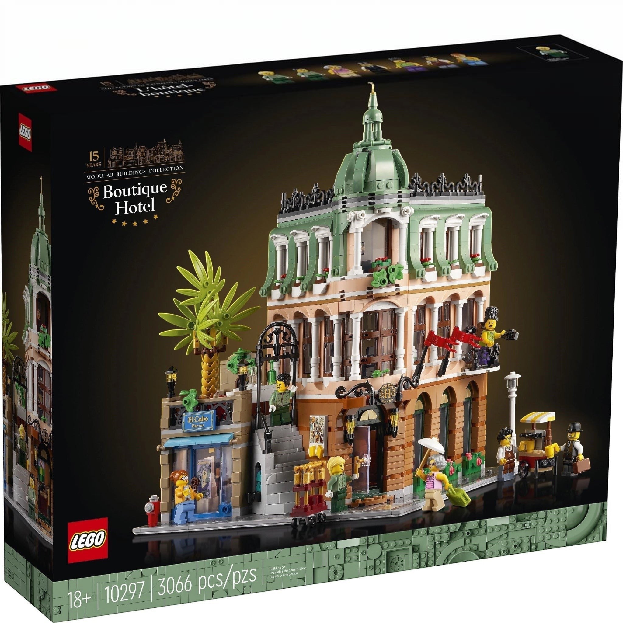 LEGO Boutique Hotel set packaging with detailed model and LEGO logo.