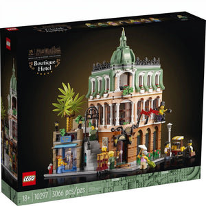 LEGO Boutique Hotel set packaging with detailed model and LEGO logo.
