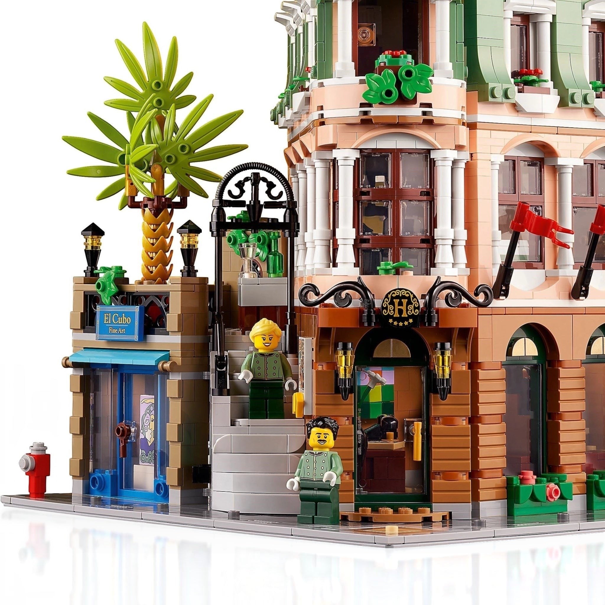 Detailed LEGO model of a building with characters and accessories