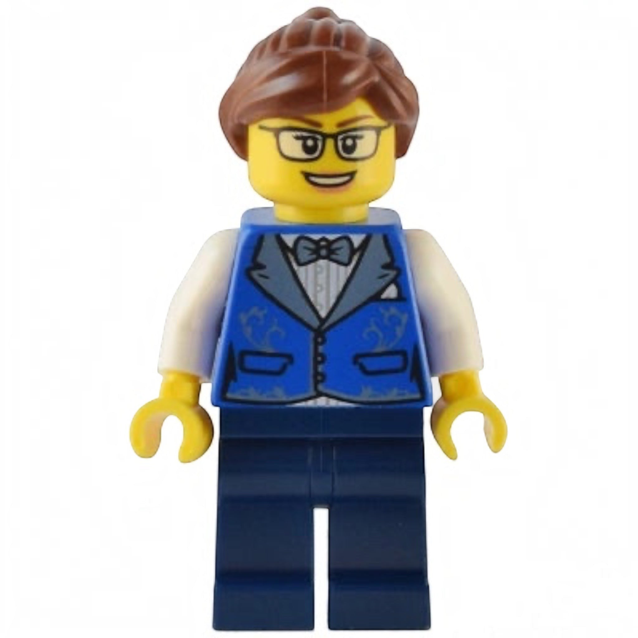 LEGO figure with a blue vest and glasses on a white background