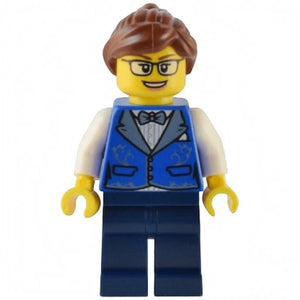 LEGO figure with a blue vest and glasses on a white background