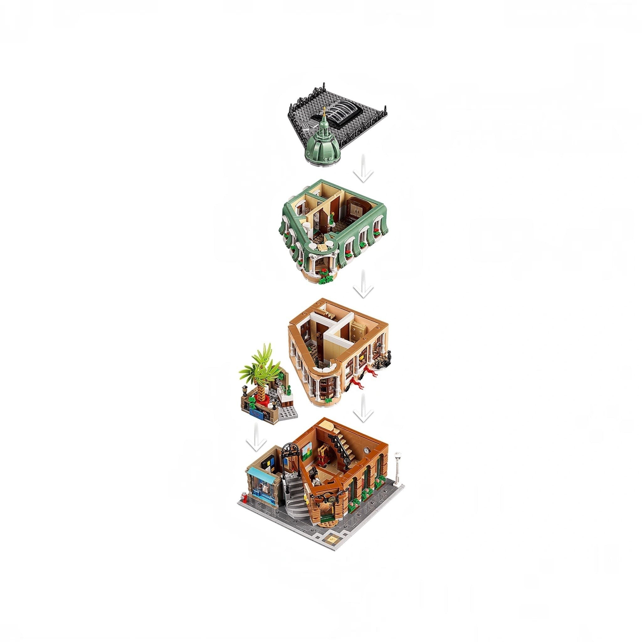 Set of building blocks arranged to resemble a city street with various structures.