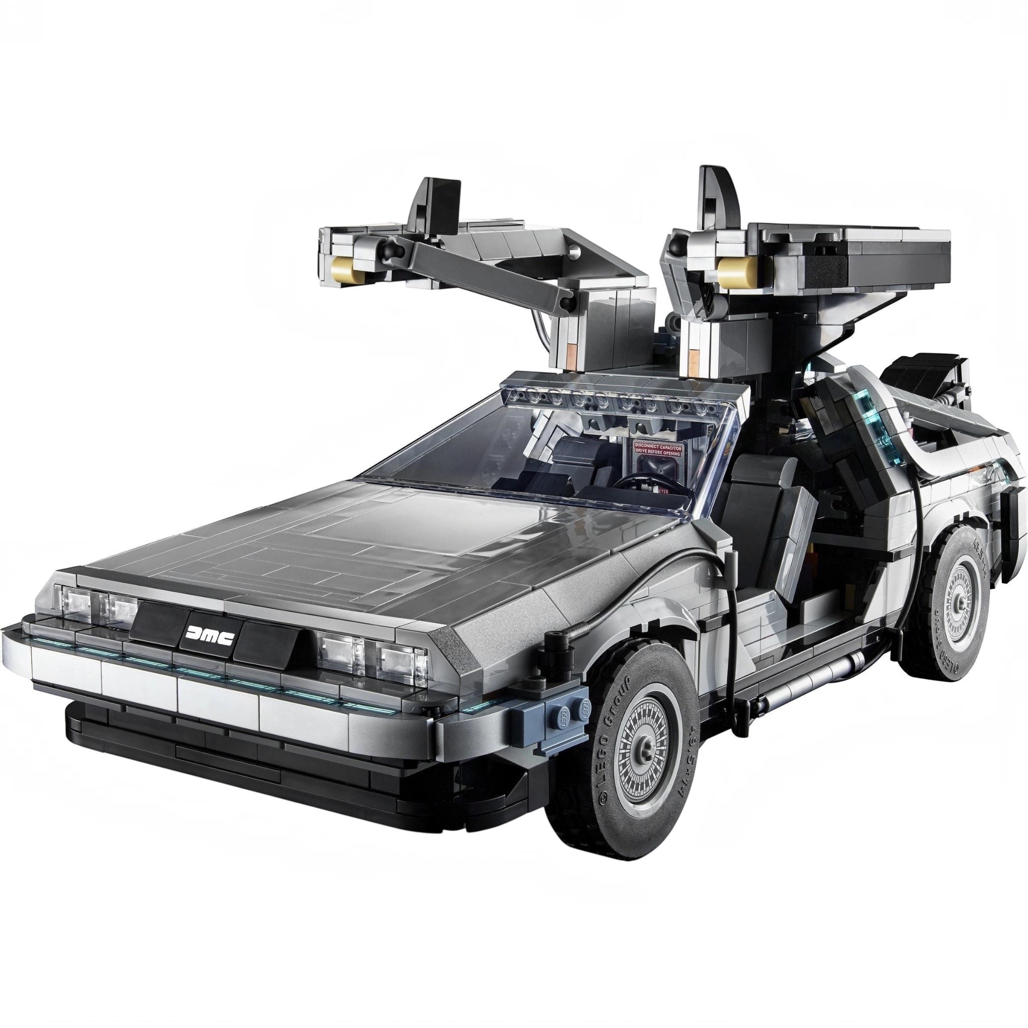 Model of a futuristic vehicle resembling the Delorean from 'Back to the Future' on a white background