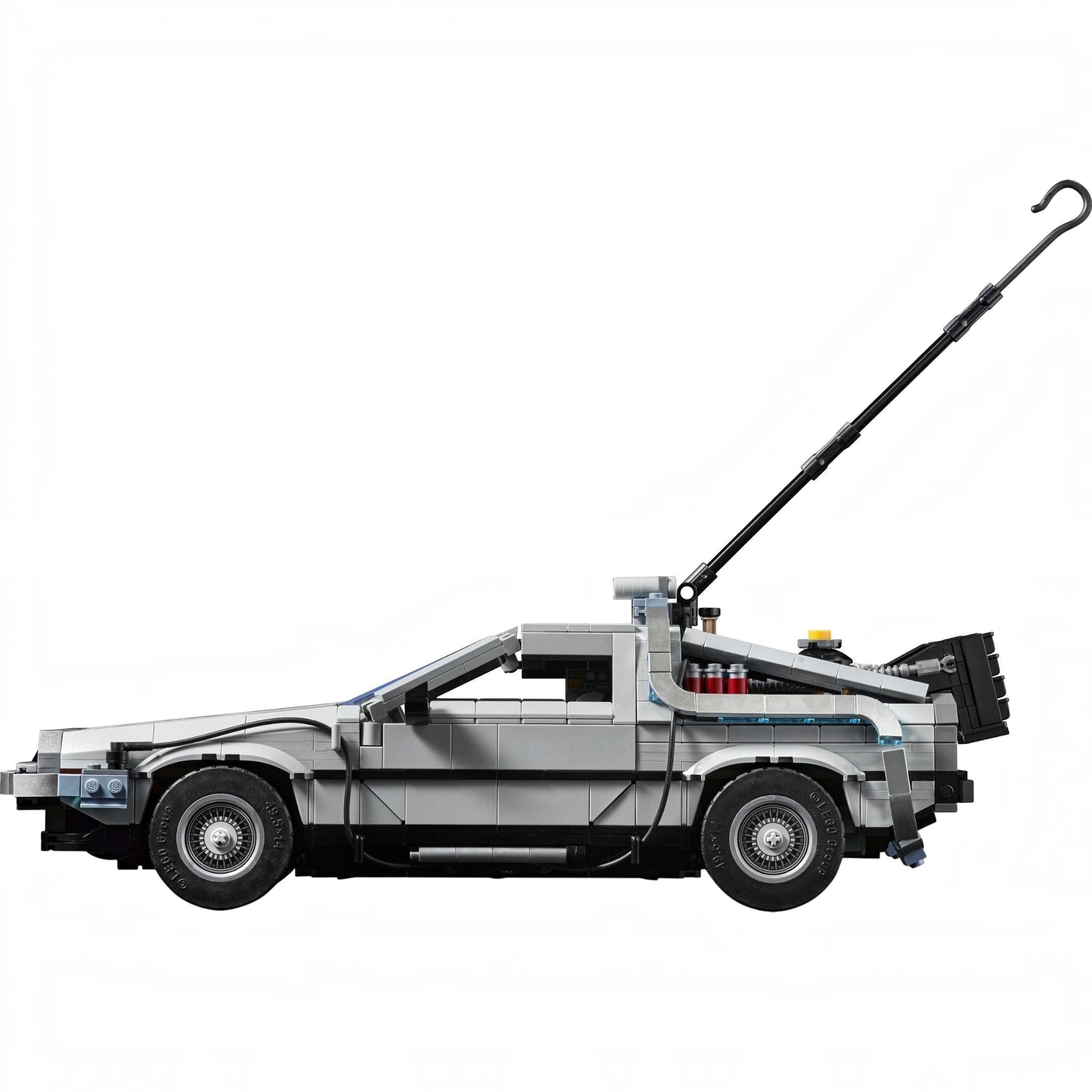 Model of a car resembling the DeLorean from Back to the Future made from interlocking bricks on a white background.