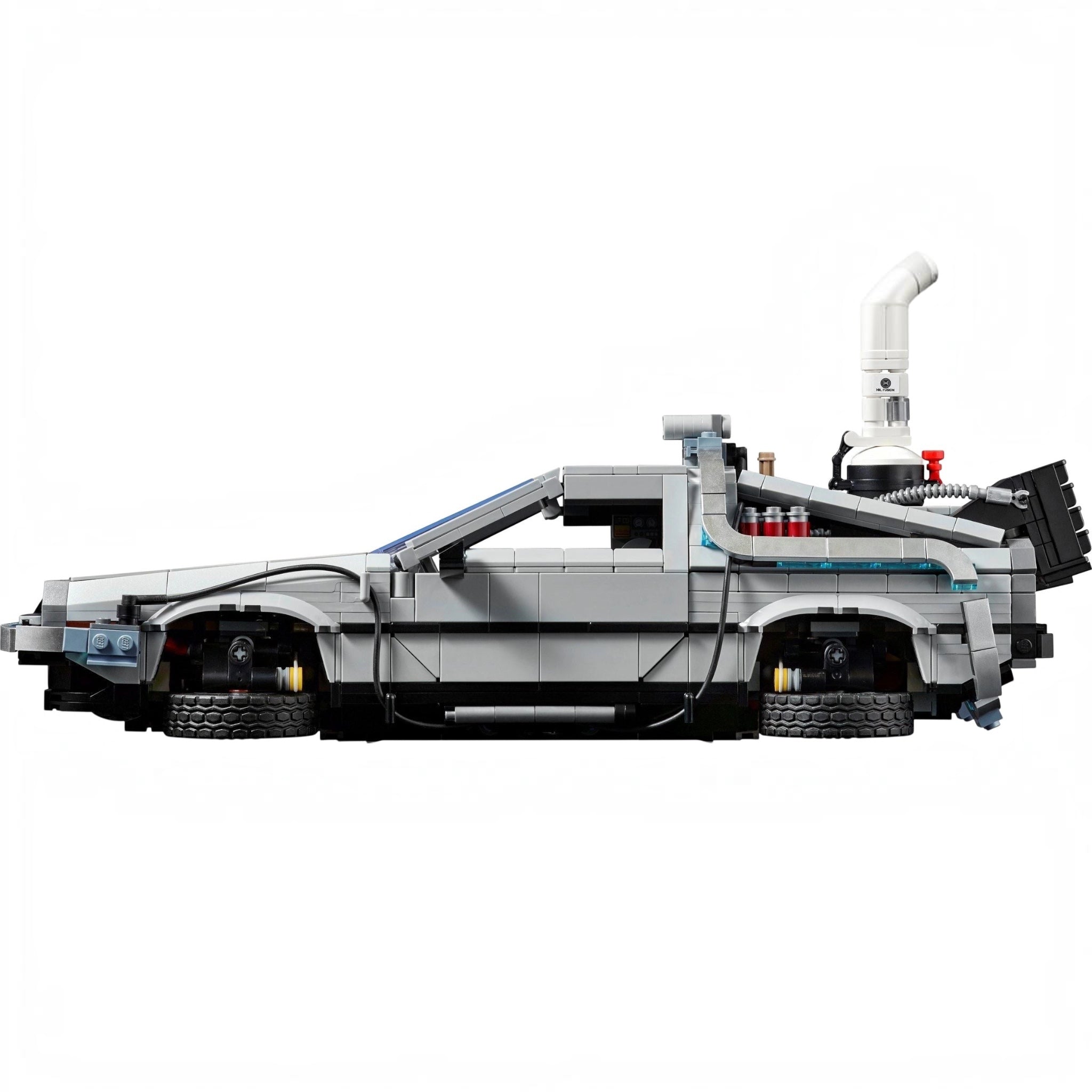 Model of a futuristic vehicle made from interlocking bricks on a white background