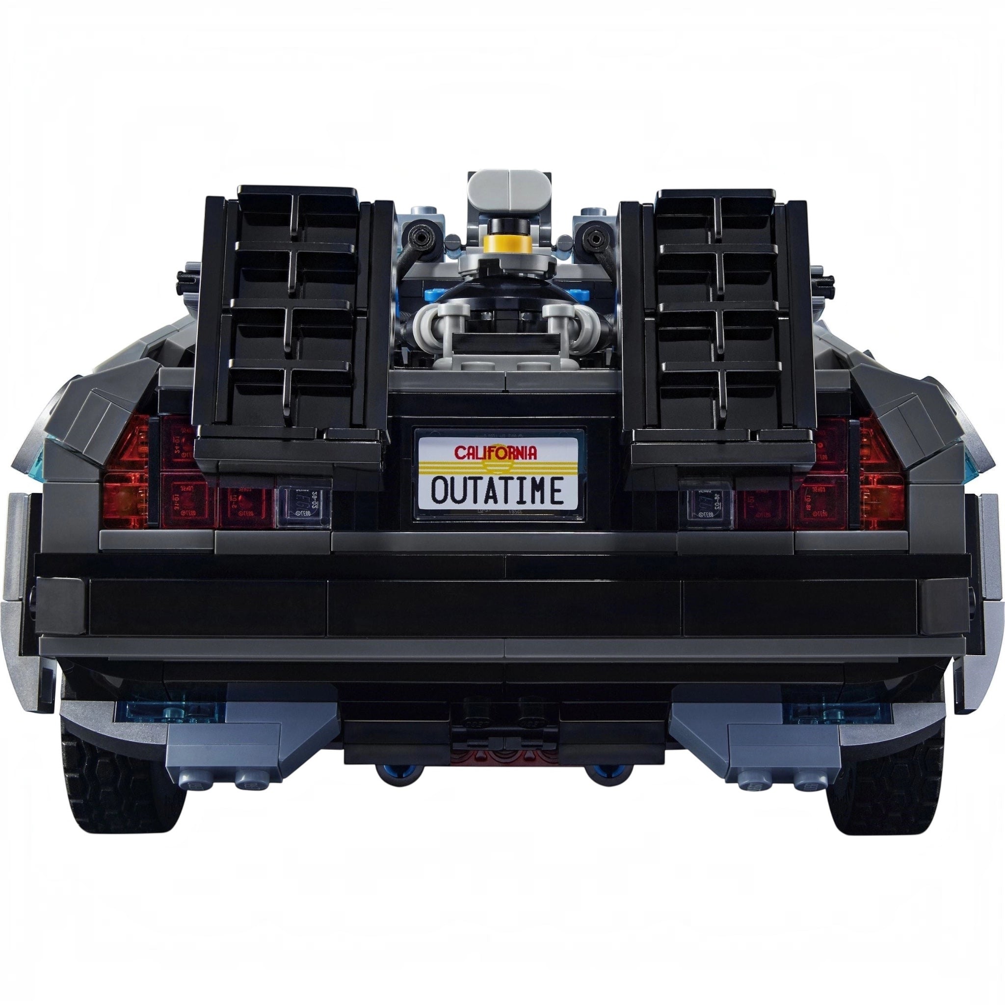 Back view of a LEGO model of a car with 'California Outatime' license plate on a white background